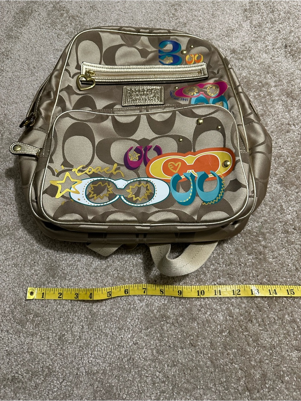 Coach Taupe Signature Backpack with Multicolor Graphic Accents - Picture 2 of 8
